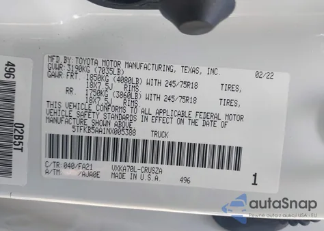 2022 Toyota Tundra Sr from USA, damaged, VIN 5TFKB5AA1NX005388